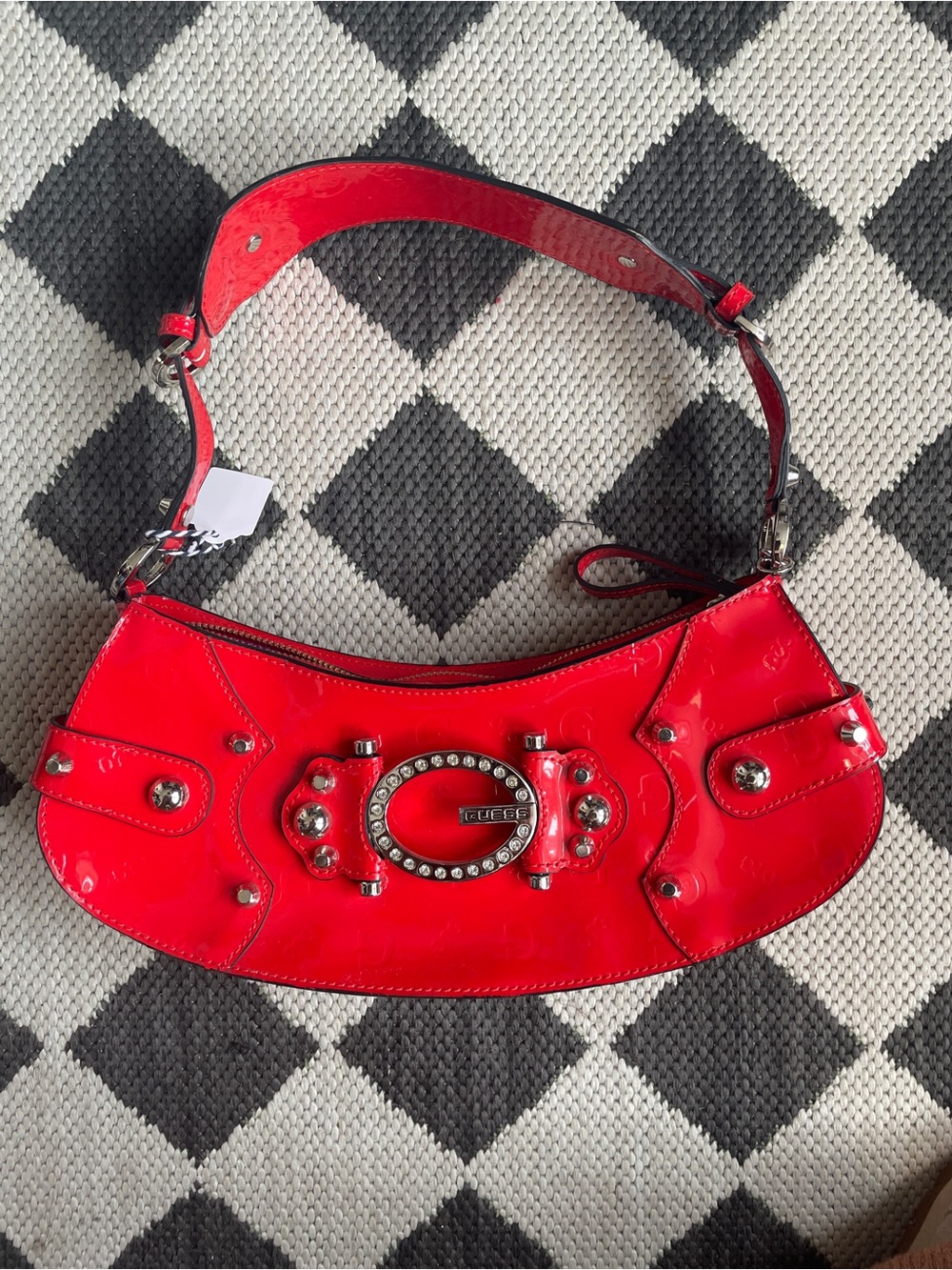 Y2K Guess Red Patent Shoulder Bag with Crystal Accent